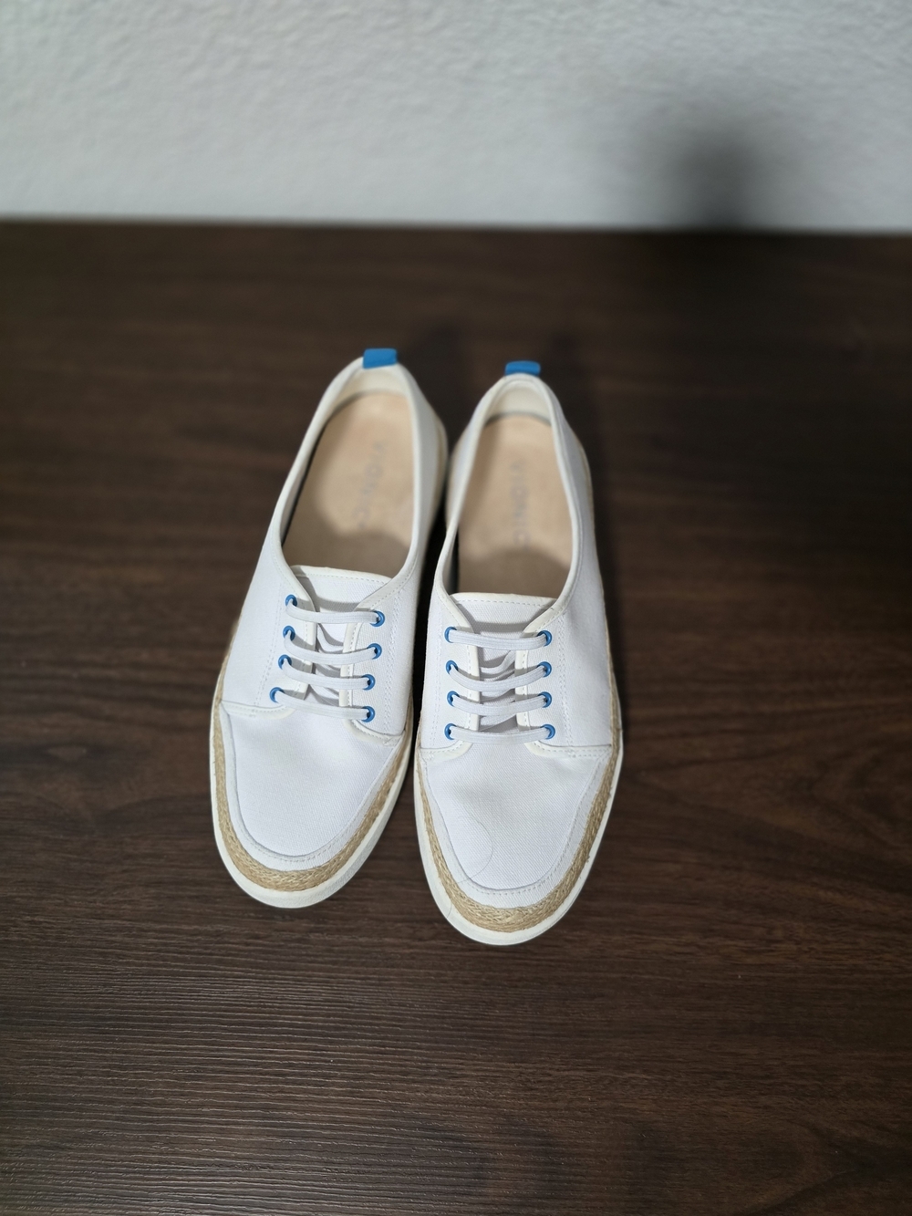 Vionic White Canvas Espadrille Sneakers with Blue Accents